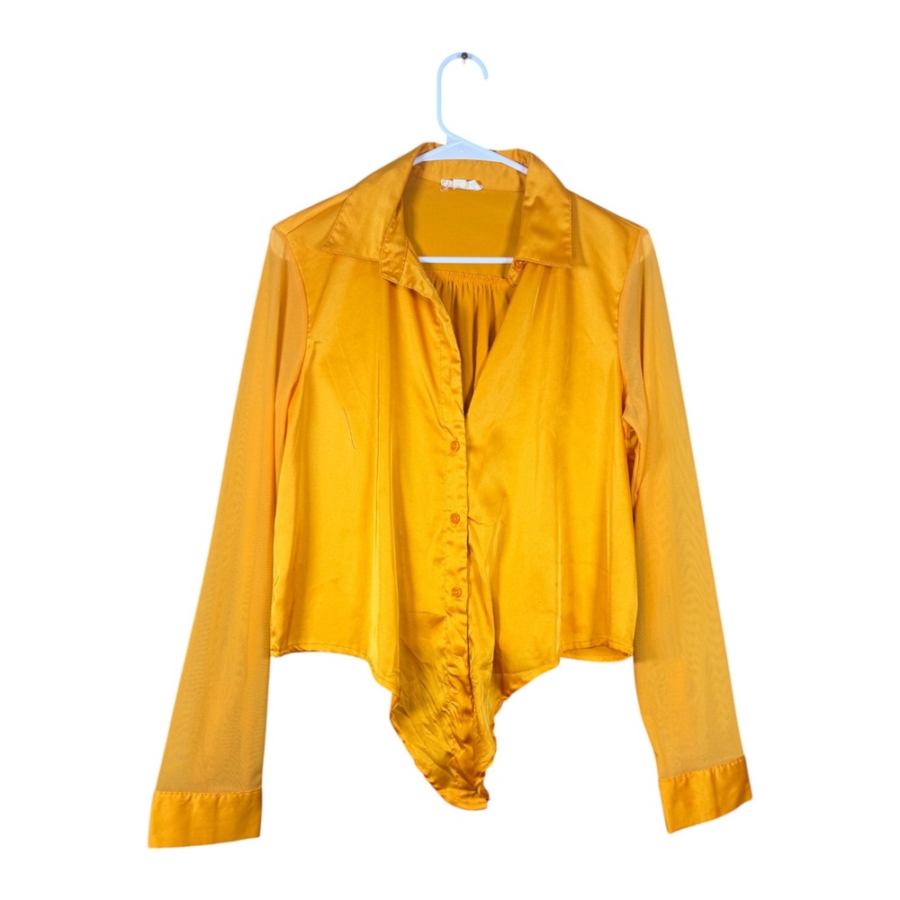 Chocolate USA Womens Mustard Yellow‎ Satin Sheer Mesh Sleeve Bodysuit Top Large